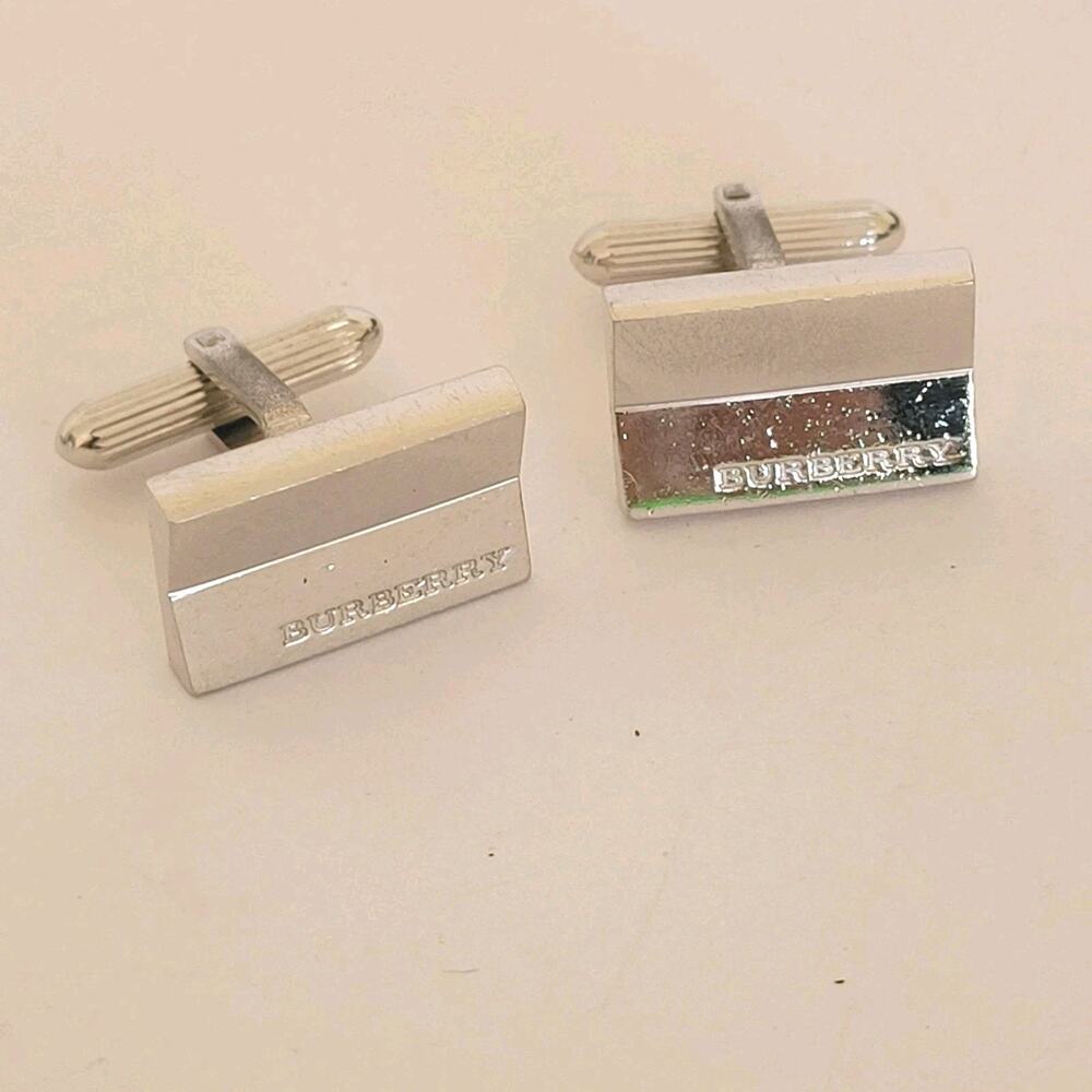 Burberry Cufflinks Set Silver Tone Logo Rectangle Geometric Designer Minimalist